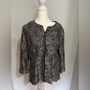 Alex Evening Special Occasion Silver& Black Lace Jacket  Jewel Zipper
